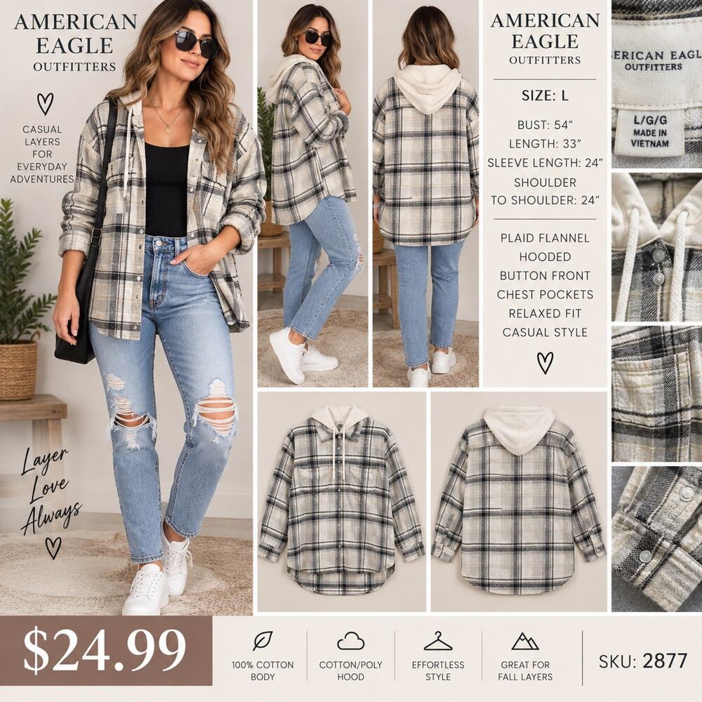 American Eagle Plaid Hooded Flannel Shirt Women L Cream Gray Oversized Shacket